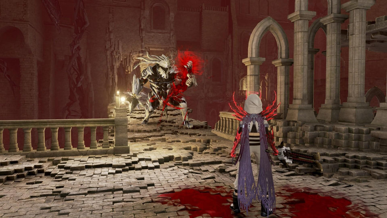 Code Vein Gameplay Screenshot 3 – A player character, dressed in gothic armor, confronts a massive, blood-soaked boss inside an ancient cathedral. Secure your Code Vein PC Steam CD Key on RushGame.co and test your skills in fast-paced action combat.