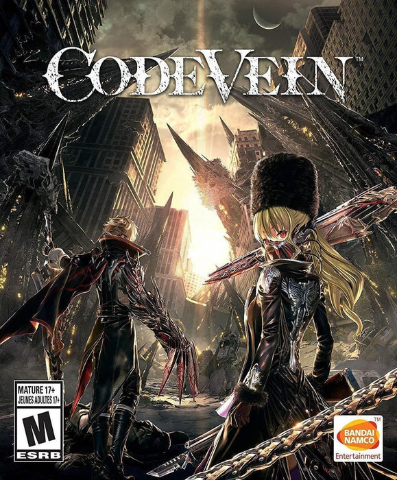 This cover image for Code Vein showcases two main characters in a post-apocalyptic cityscape with ruined skyscrapers and gothic architecture. Find Code Vein PC Steam CD Key on RushGame.co and dive into an anime-inspired action RPG with deep combat mechanics