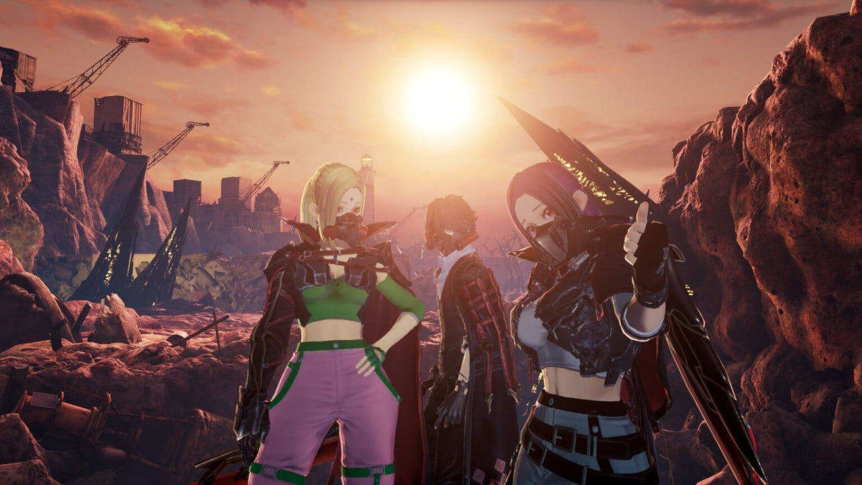 Gameplay Screenshot 1 – Code Vein (Xbox One)
"A group of three warriors in futuristic armor stands against a glowing sunset in a devastated wasteland, preparing for battle. Experience Code Vein with an instant Xbox One CD Key from RushGame.co