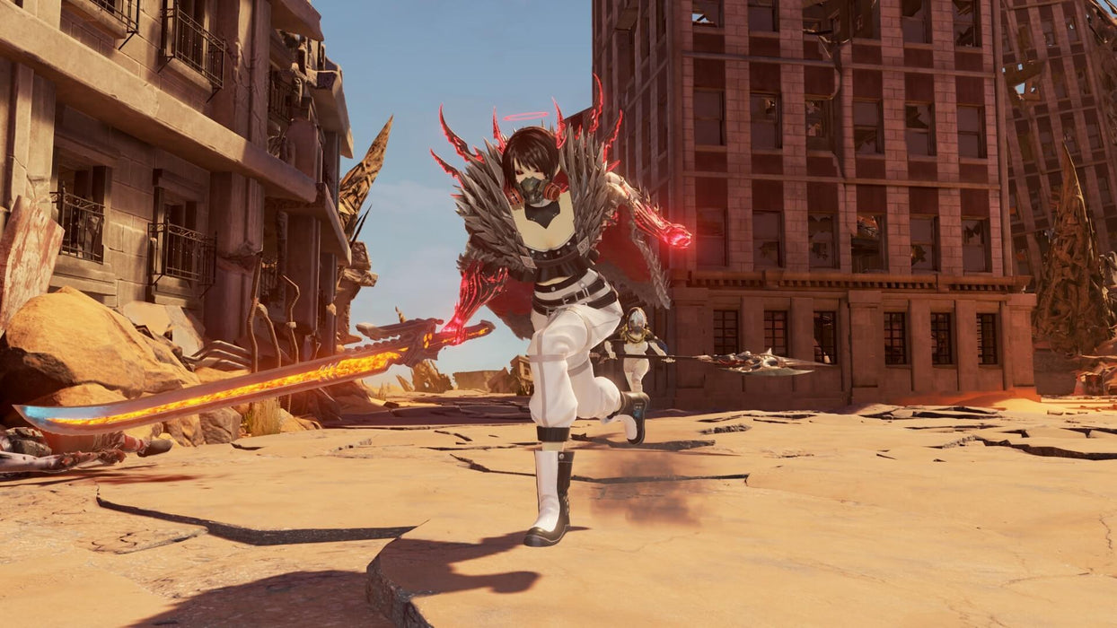 Gameplay Screenshot 2 – Code Vein (Xbox One)
"A fierce battle scene in Code Vein, featuring a warrior in an armored outfit wielding a flaming sword in a ruined city. Buy your Code Vein Xbox One digital key now at RushGame.co and join the fight