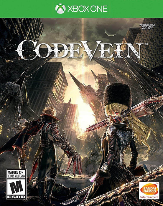 Official cover art for Code Vein on Xbox One, featuring a post-apocalyptic cityscape with two heavily armored characters wielding blood-infused weapons. Get your Code Vein Xbox One CD Key now at RushGame.co for instant digital delivery