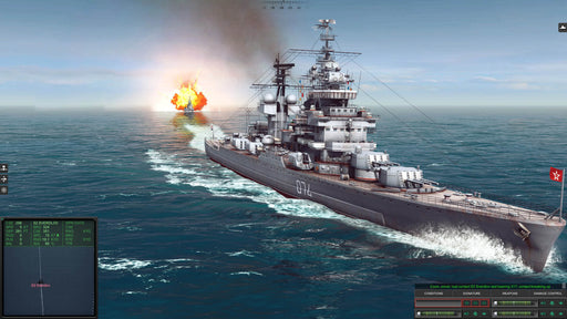 Gameplay screenshot - A Soviet warship firing upon an enemy vessel in Cold Waters, with an explosion erupting in the background. Command powerful naval forces—available now at RushGame.co