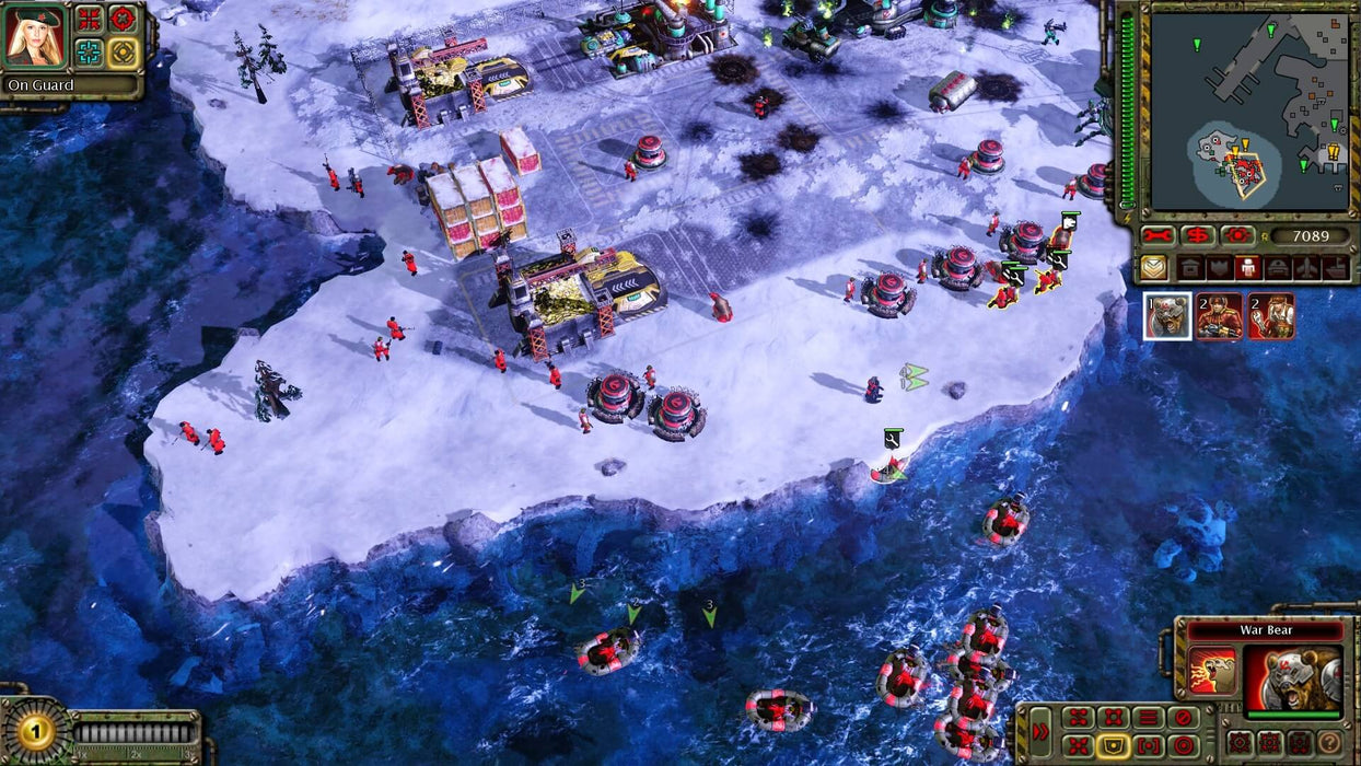  Command & Conquer: Red Alert 3 gameplay screenshot showing a Soviet military base in a snowy environment, with units preparing for combat. Naval units patrol the waters while ground forces mobilize for battle. Purchase your PC EA Play CD Key now at RushGame.co and lead your faction to victory