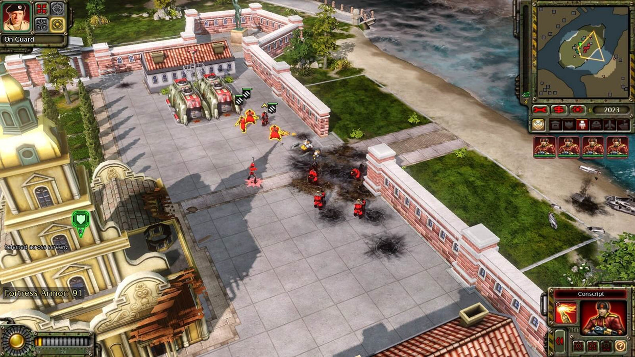 A strategic battle unfolds in Command & Conquer: Red Alert 3, with Soviet infantry advancing through an urban landscape. Explosions and combat effects bring the battlefield to life. Buy your Command & Conquer: Red Alert 3 PC EA Play CD Key at RushGame.co and experience real-time strategy at its best