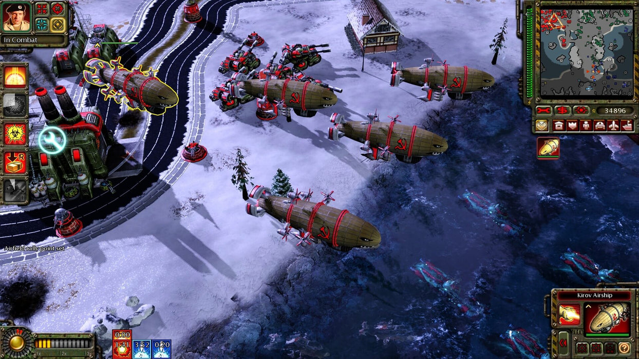 gameplay screenshot: A powerful Soviet Kirov Airship fleet soars above a winter battlefield in Command & Conquer: Red Alert 3, ready to unleash devastation from the skies. Command your forces and dominate the battlefield—grab your EA Play PC CD Key instantly at RushGame.co