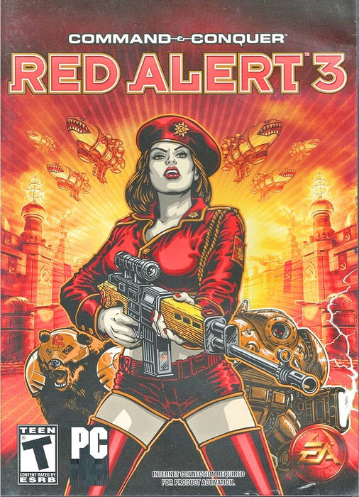 cover art for Command & Conquer: Red Alert 3 PC EA Play CD Key, featuring a Soviet female soldier in striking red attire, armed with a futuristic rifle. The background showcases advanced war machines, airships, and the iconic Soviet emblem. Get your digital game key now at RushGame.co for instant activation and strategic warfare