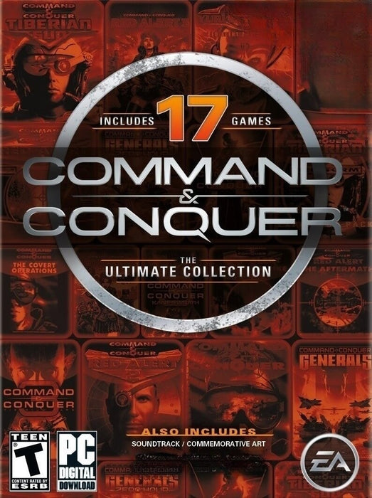 Cover of Command & Conquer The Ultimate Collection for PC, featuring 17 legendary strategy games in one bundle. Available as an EA Play CD Key at RushGame.co, this collection brings together classics like Red Alert, Tiberian Sun, and Generals