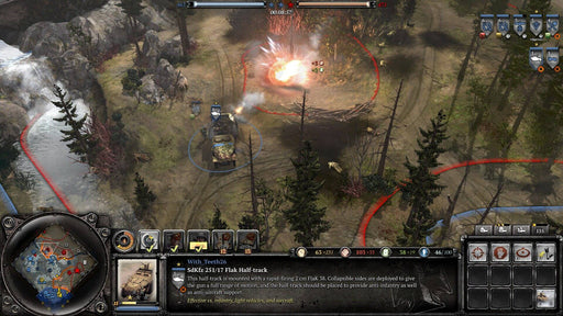 Gameplay screenshot: Explosive battle scene from Company of Heroes 2, showcasing a German half-track vehicle firing at enemy positions near a river. Experience intense RTS gameplay and realistic World War II combat—available now on RushGame.co