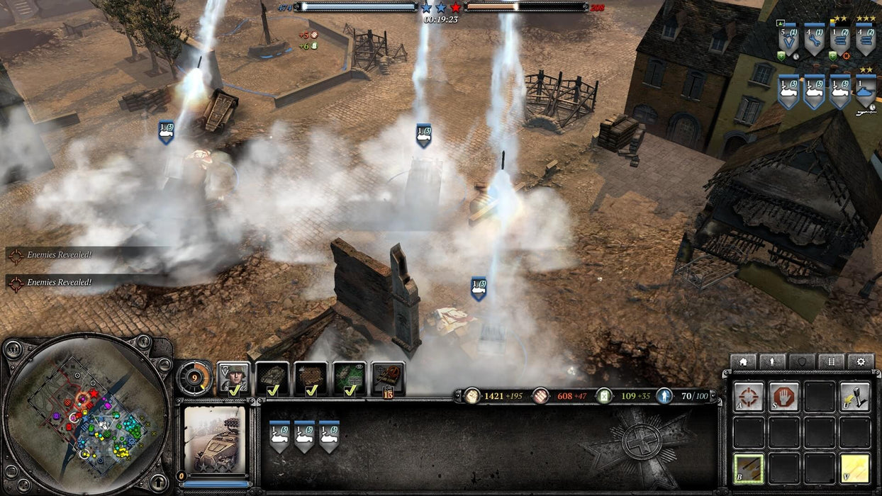 Gameplay screenshot: Tactical warfare in Company of Heroes 2, featuring artillery strikes devastating enemy positions amid a foggy battlefield. Command your troops with strategic precision—get your PC Steam CD Key instantly from RushGame.co