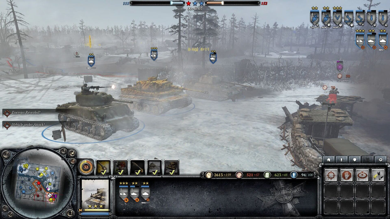 gameplay screenshot: A fierce tank battle in Company of Heroes 2: All Out War Edition, with a Sherman tank engaging enemy units in a snowy battlefield. Master military tactics in this acclaimed RTS—purchase your digital key now at RushGame.co.