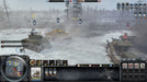 gameplay screenshot: A fierce tank battle in Company of Heroes 2: All Out War Edition, with a Sherman tank engaging enemy units in a snowy battlefield. Master military tactics in this acclaimed RTS—purchase your digital key now at RushGame.co.