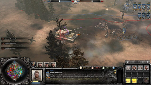 Gameplay screenshot: A tank battle in Company of Heroes 2: Master Collection, showing a massive Tiger II tank advancing through a battlefield covered in fog and debris. Experience strategic World War II combat with this PC Steam key from RushGame.co