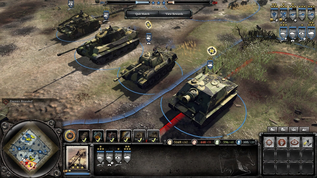 Gameplay screenshot: High-quality in-game screenshot from Company of Heroes 2: Master Collection, featuring a lineup of German Panther tanks stationed on the battlefield. Command powerful armored units with this Steam CD Key from RushGame.co