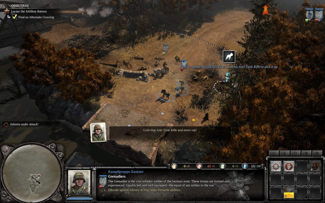 Gameplay screenshot: Tactical gameplay in Company of Heroes 2: Master Collection, depicting German Grenadiers moving through a war-torn environment during an intense mission. Lead your troops to victory with this digital PC key from RushGame.co