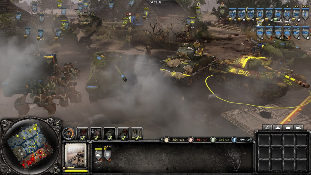 Gameplay screenshot: Tank battle in Company of Heroes 2 PC Steam, featuring German and Soviet forces clashing on a chaotic battlefield. Secure your digital Company of Heroes 2 Steam key now at RushGame.co and command your army to victory