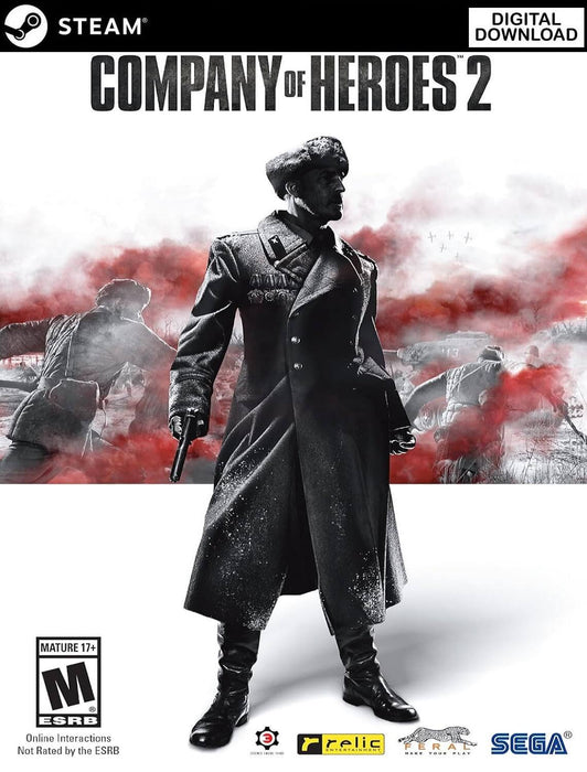 Official cover art for Company of Heroes 2 PC Steam CD Key, featuring a Soviet officer standing in the midst of battle with soldiers and tanks in the background. Buy your Company of Heroes 2 game key at RushGame.co for an intense WWII strategy experience