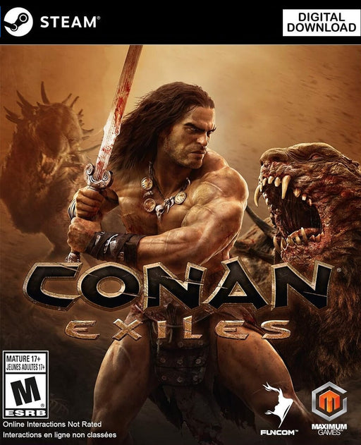 Cover art for Conan Exiles PC Steam CD Key, featuring a muscular warrior wielding a bloodied sword while facing a ferocious beast. The background has a desert-like, golden hue, emphasizing the brutal survival theme. Buy Conan Exiles game key at RushGame.co for an immersive open-world survival adventure