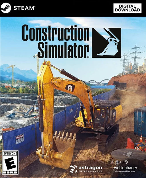 Cover art for Construction Simulator PC Steam CD Key, featuring a large yellow Caterpillar excavator in a construction site. The game's branding and logos from Astragon Entertainment and Weltenbauer are displayed prominently. Get your digital game key now at RushGame.co