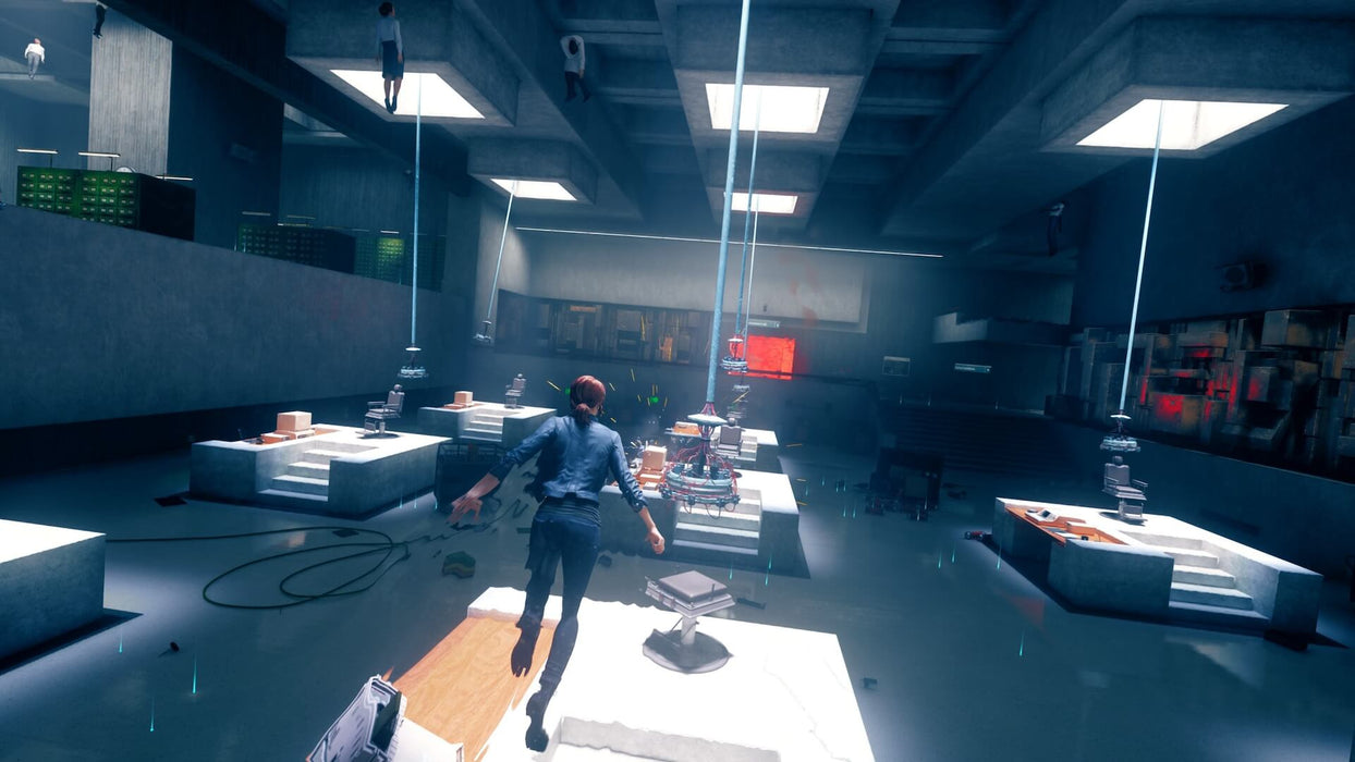 Control Ultimate Edition Screenshot – Jesse Faden is seen mid-air, using her levitation ability inside a surreal office space filled with floating figures and supernatural beams of light. The environment is distorted, emphasizing the game's mysterious and paranormal themes. Buy Control: Ultimate Edition on RushGame.co