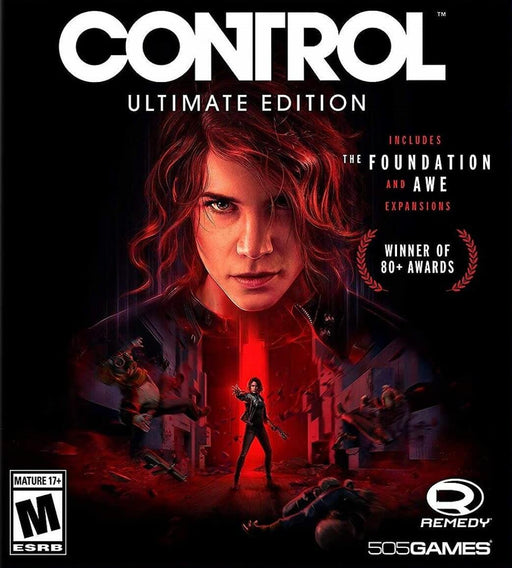 The cover art for Control: Ultimate Edition on PC Steam. The image features protagonist Jesse Faden in an intense pose, surrounded by supernatural energy and flying enemies. Includes mentions of The Foundation and AWE expansions. Available at RushGame.co