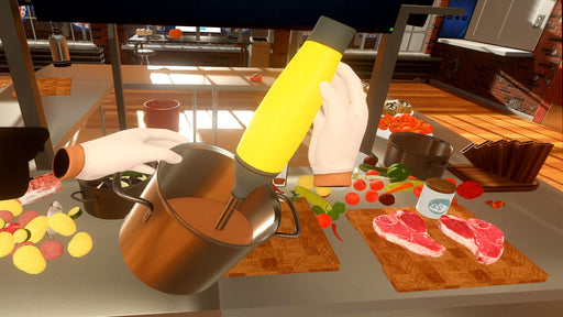 Gameplay screenshot: A VR cooking station with a player holding a yellow immersion blender above a pot of sauce, surrounded by fresh ingredients like meat, vegetables, and spices. Buy Cooking Simulator VR PC Steam key at RushGame.co