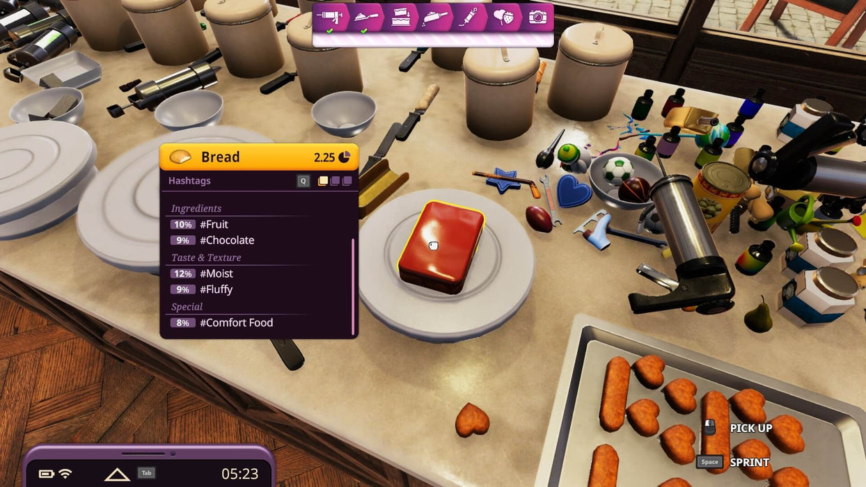 Cooking Simulator VR PC Steam Gameplay Screenshot – A kitchen counter filled with baking ingredients and tools, featuring a plated dish with a chocolate-glazed dessert and a tray of golden-brown heart-shaped treats. Get your Cooking Simulator VR PC Steam key at RushGame.co