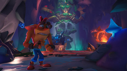 Crash Bandicoot 4: It's About Time Screenshot – Mysterious Cave Level – A gameplay scene from Crash Bandicoot 4: It's About Time, showcasing Crash Bandicoot in a dark, glowing cave filled with tribal decorations, floating blue mushrooms, and a foreboding skull-shaped structure. The vibrant lighting adds depth to the mystical setting. Buy the Xbox digital key at RushGame.co