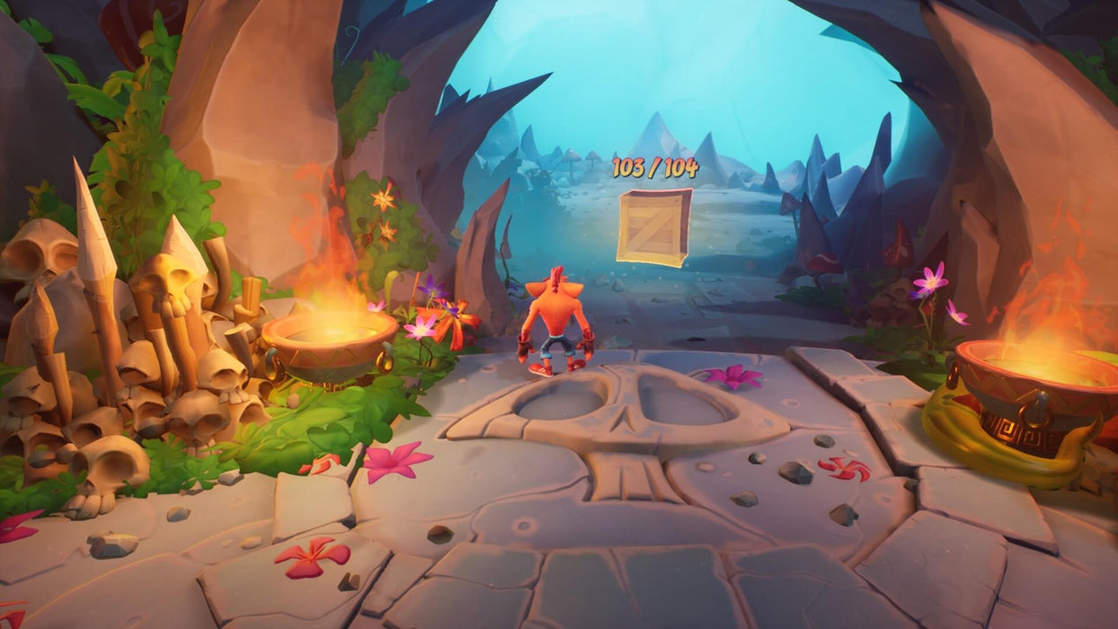 Crash Bandicoot 4: It's About Time Screenshot – Jungle Ruins Level – A colorful level in Crash Bandicoot 4: It's About Time where Crash stands in front of an ancient stone pathway, surrounded by fire-lit altars, skulls, and vibrant flora. A floating crate counter hovers ahead, signaling the player’s progress in the level. Get your Xbox game key at RushGame.co