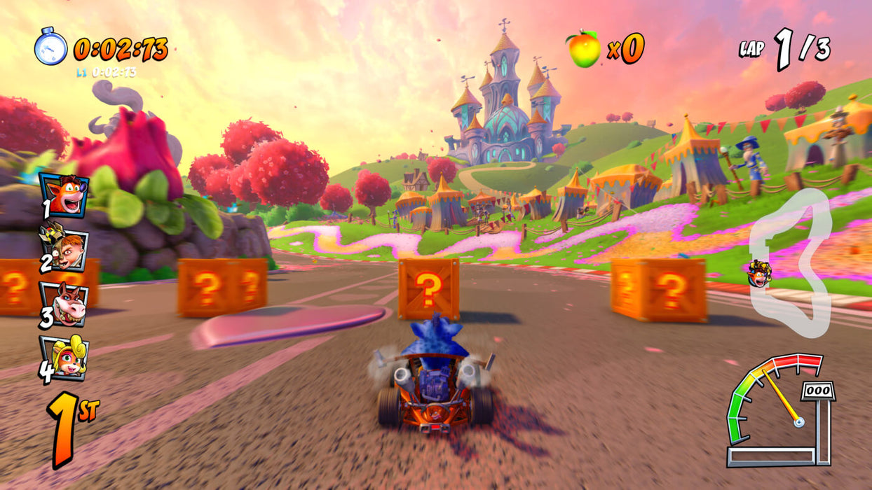 A high-speed race in Crash Team Racing Nitro-Fueled, showing a colorful fairytale-like track with racers collecting wumpa fruit and question-mark boxes. Buy the Xbox One digital key now at RushGame.co