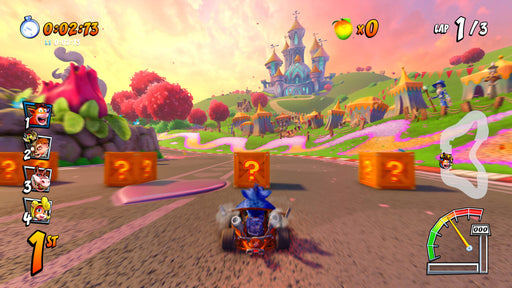 A high-speed race in Crash Team Racing Nitro-Fueled, showing a colorful fairytale-like track with racers collecting wumpa fruit and question-mark boxes. Buy the Xbox One digital key now at RushGame.co