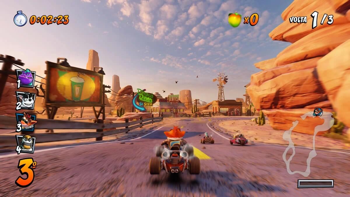 Gameplay screenshot: Crash Bandicoot races through a desert canyon track in Crash Team Racing Nitro-Fueled, avoiding obstacles and battling rivals. Get your instant Xbox One activation code at RushGame.co