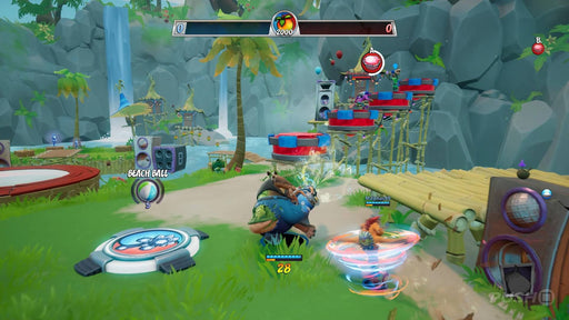 gameplay screenshot:  A fast-paced battle scene from Crash Team Rumble, showing characters engaging in a multiplayer brawl in a tropical island environment. Get your PS5 CD key instantly at RushGame.co