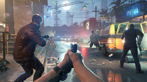 gameplay screenshot: Intense first-person action in Crime Boss: Rockay City, depicting a high-stakes shootout between criminals and the police. Buy your Steam key now at RushGame.co