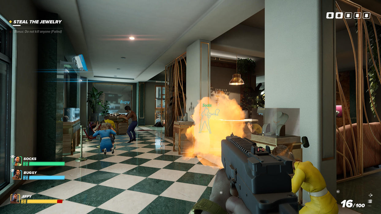 gameplay screenshot: A dramatic heist scenario in Crime Boss: Rockay City, with a team of criminals executing a bank robbery. Get your digital copy at RushGame.co
