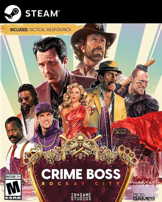 The cover of Crime Boss: Rockay City for PC Steam, featuring a star-studded cast of crime bosses in a stylized illustration. Get your digital key at RushGame.co