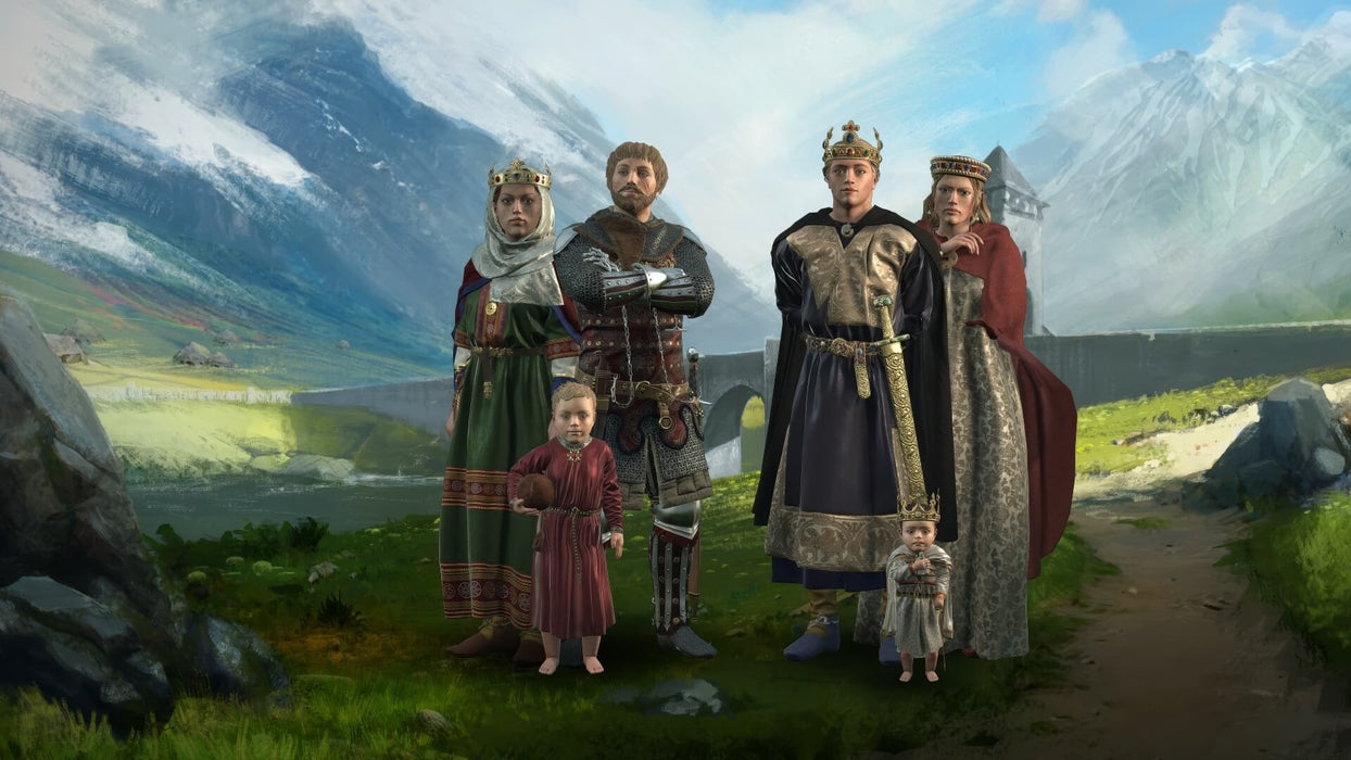 A medieval family portrait from Crusader Kings III, featuring a king, queen, noble knights, and children standing against a scenic mountainous backdrop. Buy Crusader Kings III PC Steam CD Key at RushGame.co for an immersive grand strategy experience