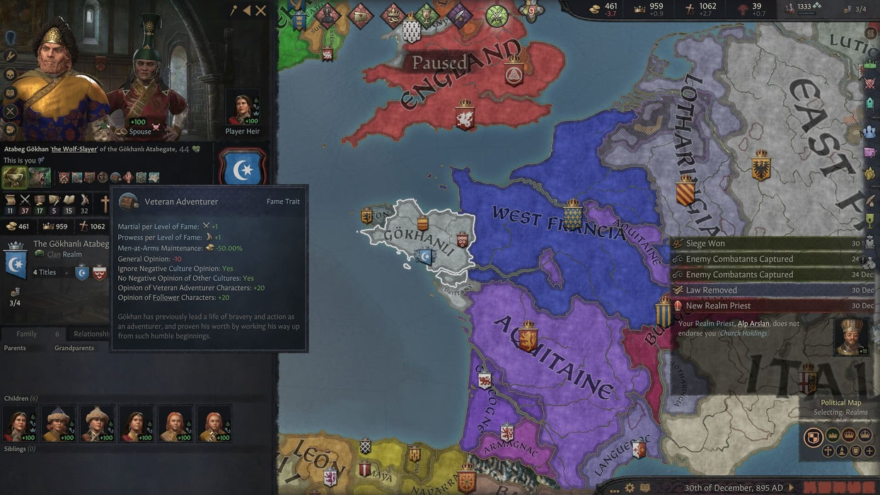 A strategic map from Crusader Kings III showing a medieval kingdom, with territories in England, France, and surrounding regions, along with character statistics and traits. Expand your empire with a Crusader Kings III PC Steam CD Key, available at RushGame.co