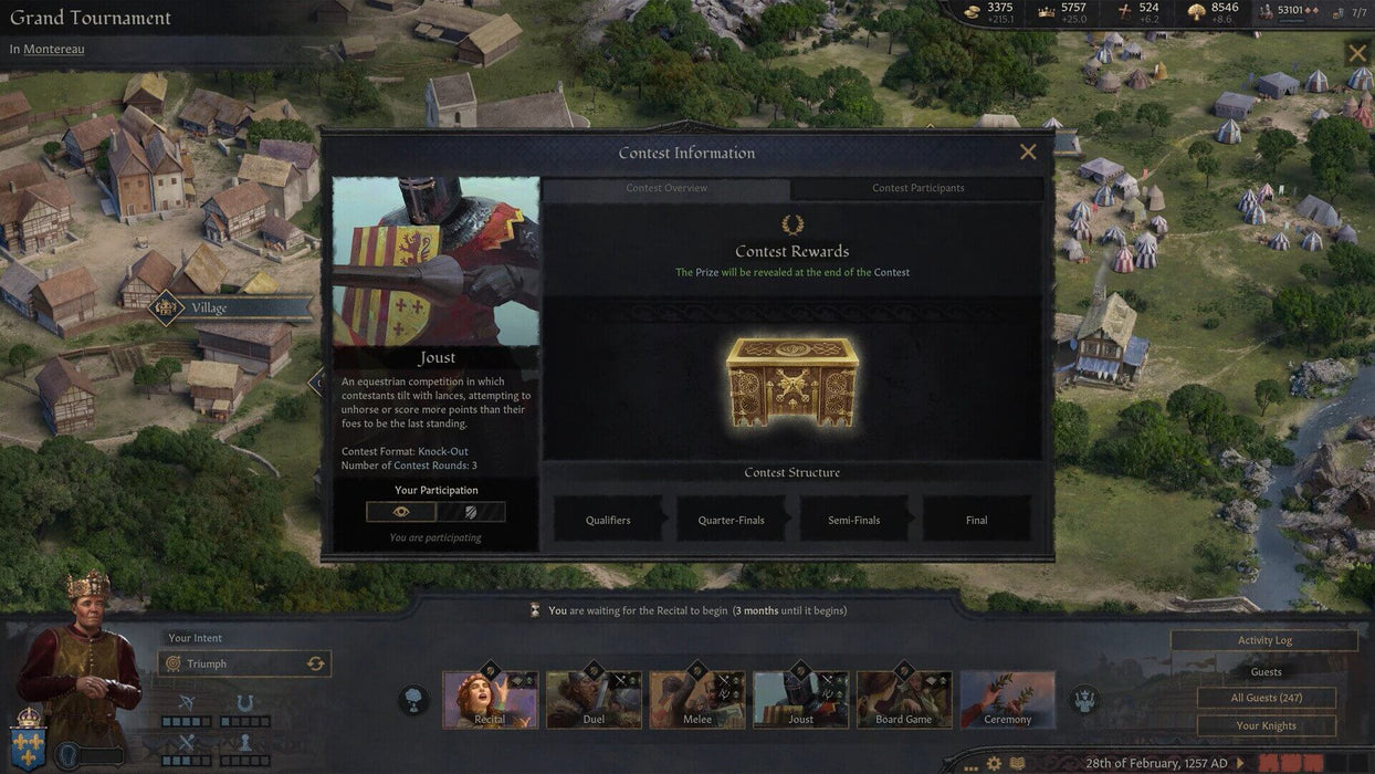 A strategic tournament selection screen from Crusader Kings III: Tours and Tournaments DLC. The player is participating in a jousting event with a golden treasure chest representing potential rewards. Medieval villages and tournament tents are visible in the background. Secure your Crusader Kings III Steam key instantly at RushGame.co and take part in epic tournaments