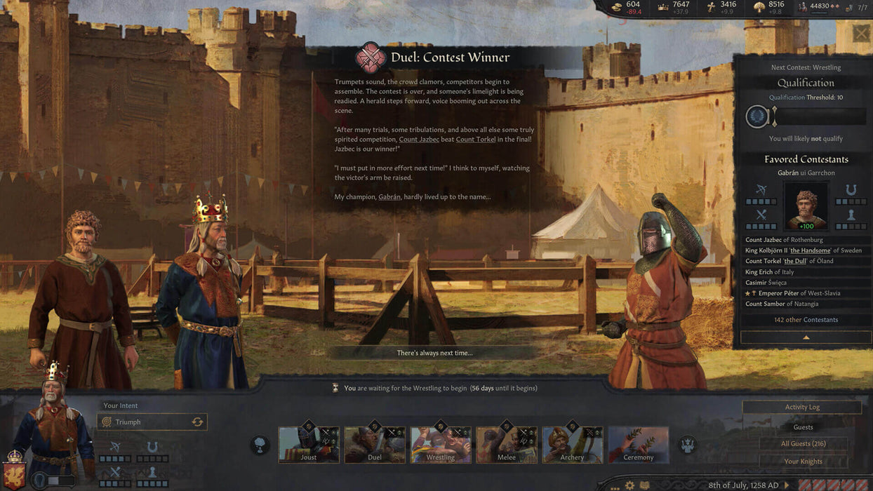 Customization screen from Crusader Kings III: Tours and Tournaments DLC, displaying three medieval characters in different armor styles, standing in a military camp. Players can adjust their character's appearance and gear. Buy your Crusader Kings III DLC key at RushGame.co and immerse yourself in medieval strategy like never before