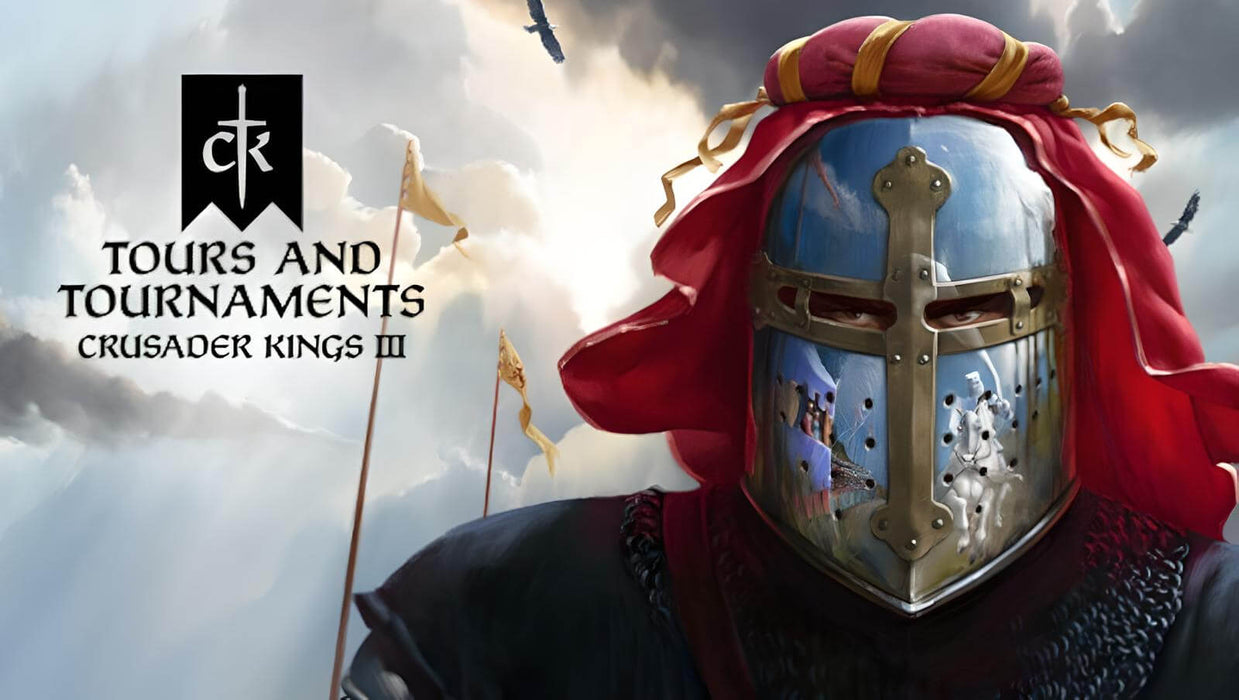 Cover art for Crusader Kings III: Tours and Tournaments DLC on PC Steam. The artwork features a medieval knight wearing an ornate helmet with reflections of a jousting scene, symbolizing the expansion’s focus on grand tournaments and royal travels. Purchase your Crusader Kings III DLC Steam key at RushGame.co for instant digital delivery