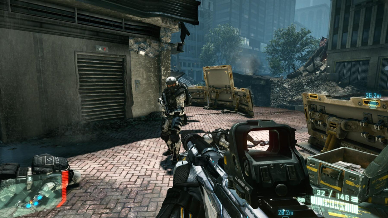 Crysis 2 Gameplay Screenshot – Intense Street Combat

A high-action scene in Crysis 2 where the player takes aim at an armed enemy on a destroyed city street. The game's HUD displays energy and ammo levels, enhancing the futuristic combat experience. Buy the CD key now on RushGame.co to dive into the action