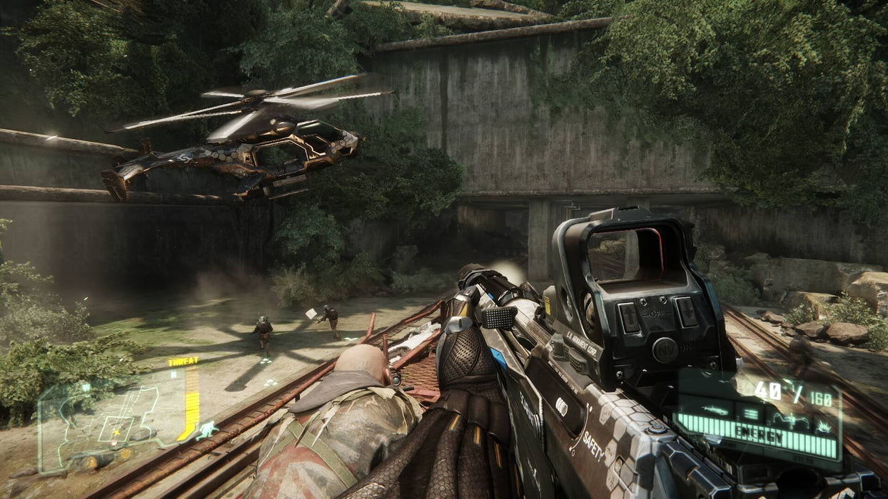 Gameplay screenshot: A high-intensity battle scene from Crysis 3, where the player, equipped with an energy-based weapon, faces enemy troops while a military helicopter hovers nearby. Secure your Crysis 3 digital key on RushGame.co for thrilling FPS action