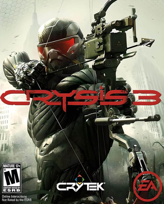 The cover art for Crysis 3 on PC, featuring a high-tech nanosuit soldier armed with a futuristic compound bow, set against a dystopian urban environment. The game title is prominently displayed in bold red letters, with logos for Crytek and Electronic Arts. Available as a CD key on RushGame.co