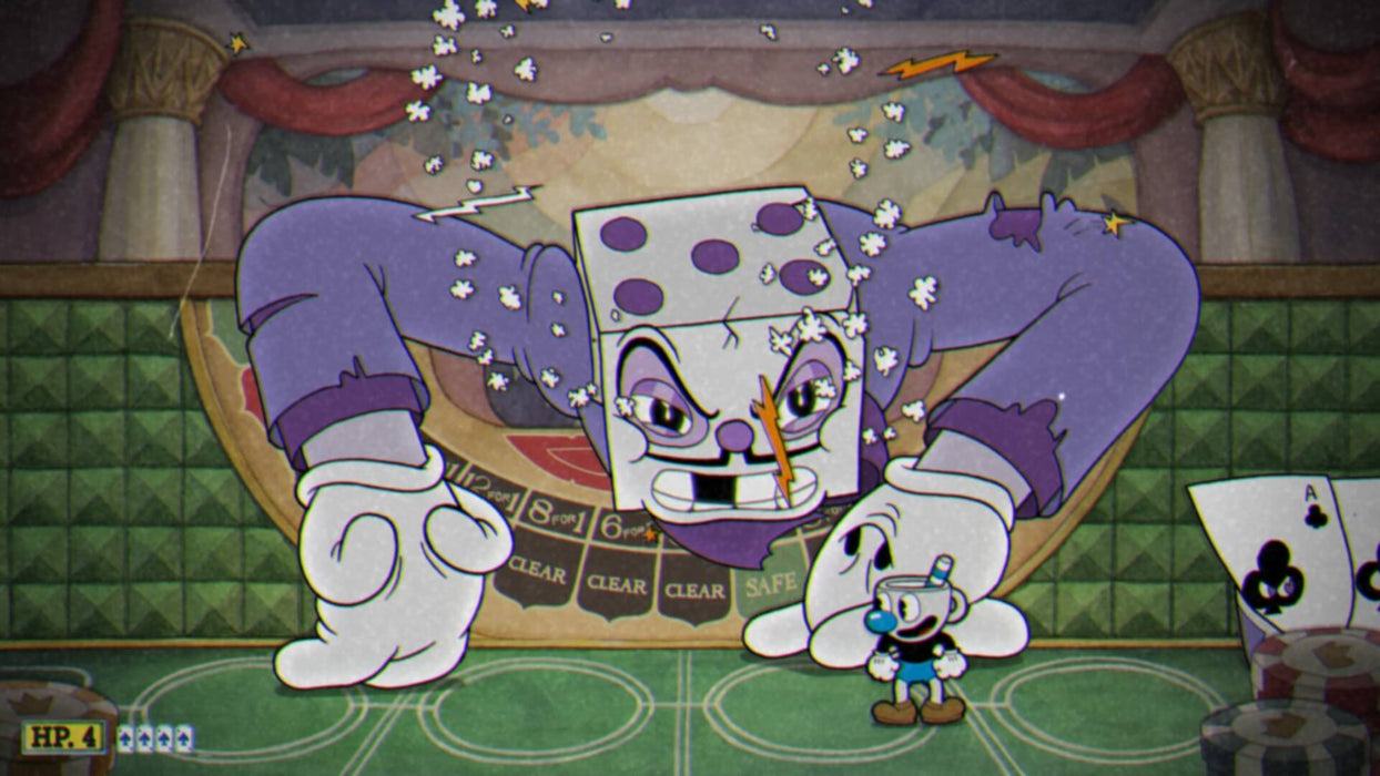 Cuphead PC Steam CD Key Screenshot 3 – A thrilling showdown with King Dice, one of Cuphead's most iconic bosses. The player character faces the menacing dice-headed figure in a casino-themed arena, with vibrant, vintage-style visuals and high-stakes combat. Secure your Cuphead PC Steam key today at RushGame.co