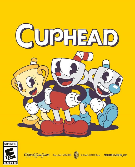 The cover art of Cuphead for PC on Steam, featuring the game's classic 1930s cartoon-style artwork. The image showcases Cuphead, Mugman, and Ms. Chalice in a cheerful pose against a bright yellow background, emphasizing the game's retro aesthetic. Available now at RushGame.co