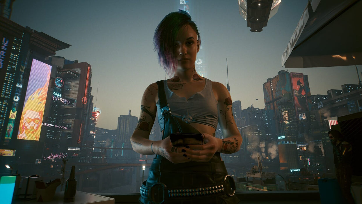Cyberpunk 2077 PC GOG CD Key - Screenshot 2 – A close-up of a female character with short, dyed hair and cybernetic tattoos, standing in a futuristic high-rise with a view of Night City’s skyline filled with digital billboards. Experience the immersive world of Cyberpunk 2077—buy your game key now at RushGame.co