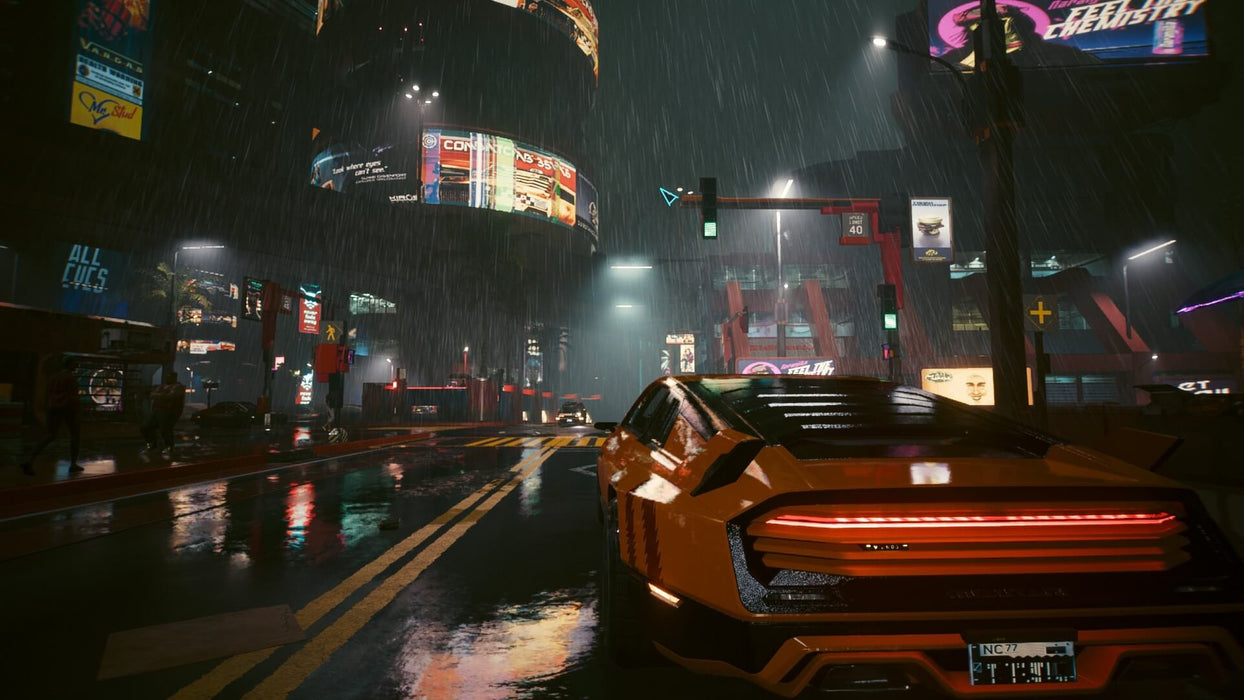 Cyberpunk 2077 PC GOG CD Key - Screenshot 3 – A nighttime cityscape in Cyberpunk 2077, featuring a neon-drenched urban street with heavy rain and futuristic billboards. A sleek sports car with glowing taillights moves through the dark, wet streets. Get your digital CD key for Cyberpunk 2077 at RushGame.co and explore the vibrant streets of Night City