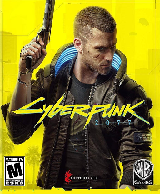 cover art for Cyberpunk 2077 on PC (GOG version), featuring the protagonist, V, holding a futuristic pistol against a bright yellow background. Buy your Cyberpunk 2077 CD key at RushGame.co for instant digital delivery