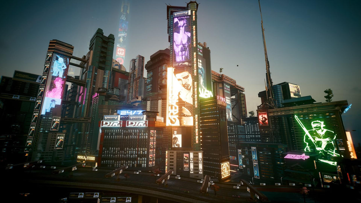 gameplay screenshot: A stunning cityscape view of Night City in Cyberpunk 2077: Phantom Liberty, showcasing towering skyscrapers illuminated by neon billboards and holographic advertisements. The skyline captures the futuristic and dystopian atmosphere of the game. Get your Cyberpunk 2077: Phantom Liberty CD Key at RushGame.co