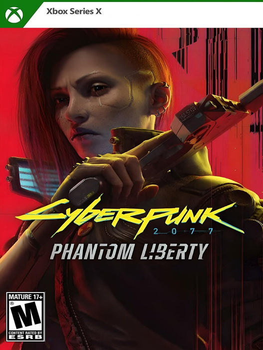 Cover art for Cyberpunk 2077: Phantom Liberty on Xbox Series X, featuring a close-up of a cybernetically enhanced character holding a futuristic pistol. The background is vibrant red with digital glitch effects, emphasizing the cyberpunk aesthetic. Buy your Cyberpunk 2077: Phantom Liberty Xbox Series X CD Key at RushGame.co